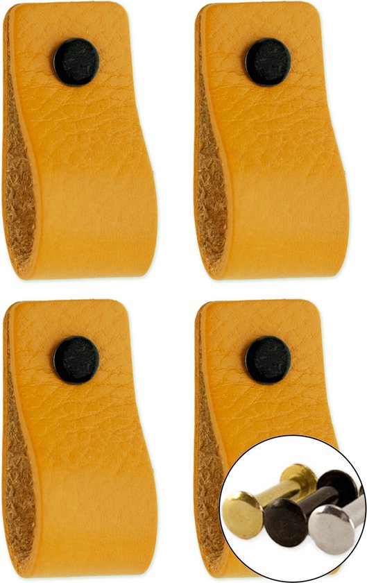 Anses en cuir - Ocre jaune - 4 pièces - 12,5 x 2,5 cm | avec 3 vis de couleur par poignée en cuir