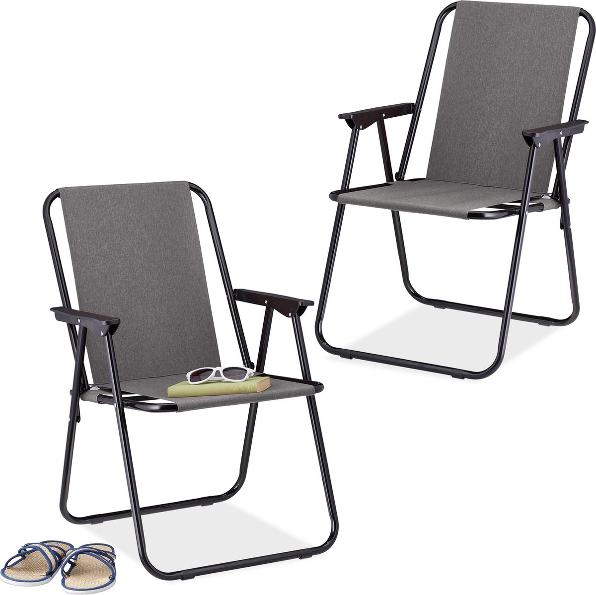 Relaxdays campingstoel inklapbaar set van 2 - klapstoel 100 kg - visstoel met armleuningen - grijs
