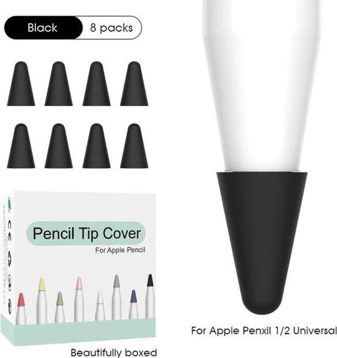 Apple Pencil 1/2 case – Siliconen Tip hoes – 8 stuks – Zwart