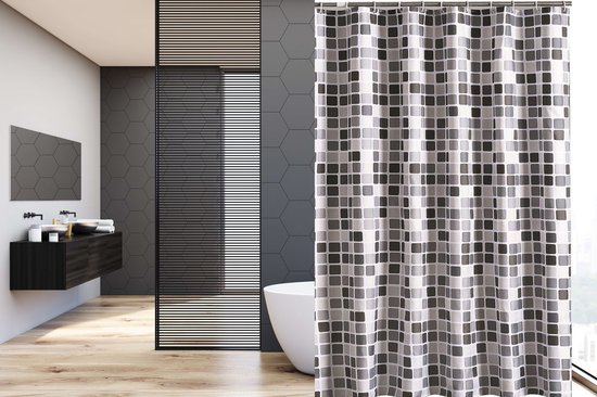 Su.B.dgn Douchegordijn 120x180 anti schimmel polyester badkamer douchegordijn wasbaar met 12 ringenl | Grijs Vierkant