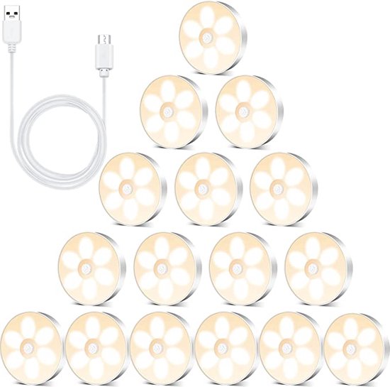 16 Stuks - Draadloze ledlamp – Met Bewegingssensor – Draadloze wandlamp – Draadloze ledspot – Usb oplaadbaar – Dimbaar – met Magneet