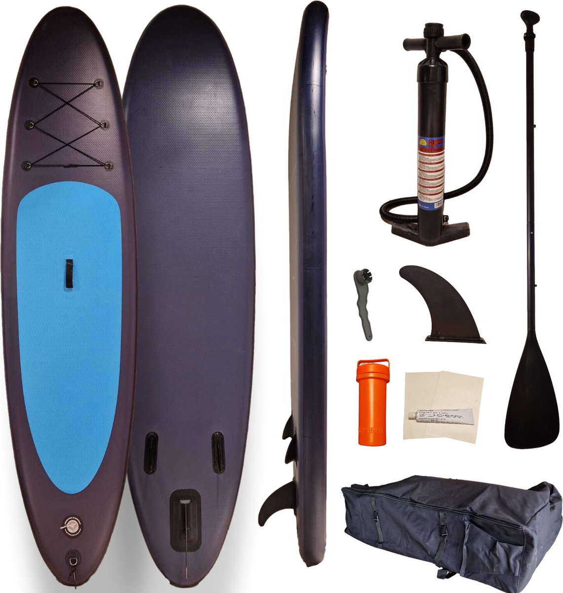 Sup4Life Supboard - Opblaasbaar Paddle Board - dubbel laags - Complete Set - Met Pomp / Draagtas / Verstelbare Peddel / / Enkelkoord / Reparatiekit - 320x81cm - Blauw