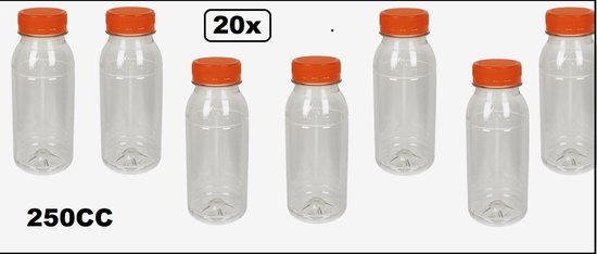 20x 250cc Flesje helder met oranje dop - 38mm x 14cm / Vernieuwde draaidop / Drink fles / vruchten sap flesje / limonade drank / Flesjes voor onderweg / Petfles