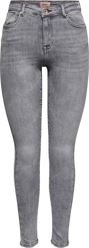 Vooraanzicht van een grijze, stonewashed skinny jeans met een pink Only label.