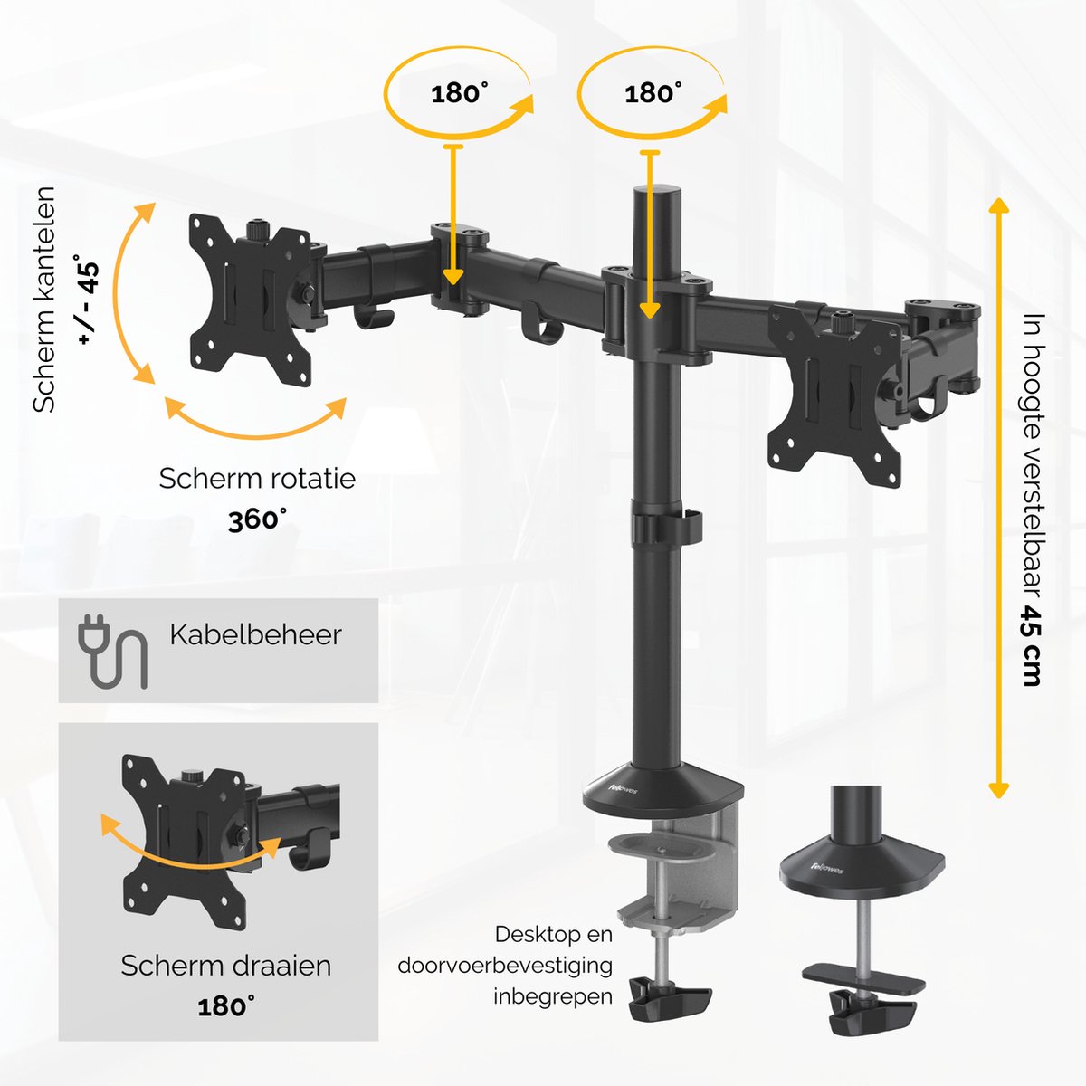 Fellowes Reflex Dubbele Monitor Arm - verstelbaar voor 2 schermen thumbnail 8