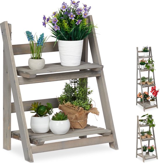 Plantentrap - 2 etages - hout - inklapbaar - 51,5x41x24 cm - grijs
