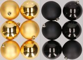 12x stuks kunststof kerstballen mix van goud en zwart 8 cm - Kerstversiering