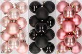 36x stuks kunststof kerstballen mix van lichtroze, zwart en oudroze 6 cm - Kerstversiering