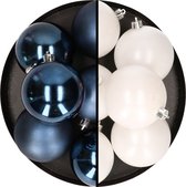 12x stuks kunststof kerstballen 8 cm mix van donkerblauw en wit - Kerstversiering