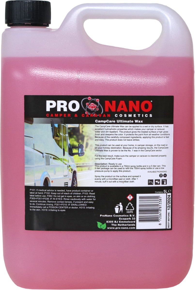 ProNano | ProNano Camp Care Ultimate Wax 5L | Nano Technologie | De Wax voor uw Camper | Geeft een diepe glans en een ultieme bescherming aan uw caravan of camper! Uitstekende hydrofobische eigenschappen | Geen Strepen