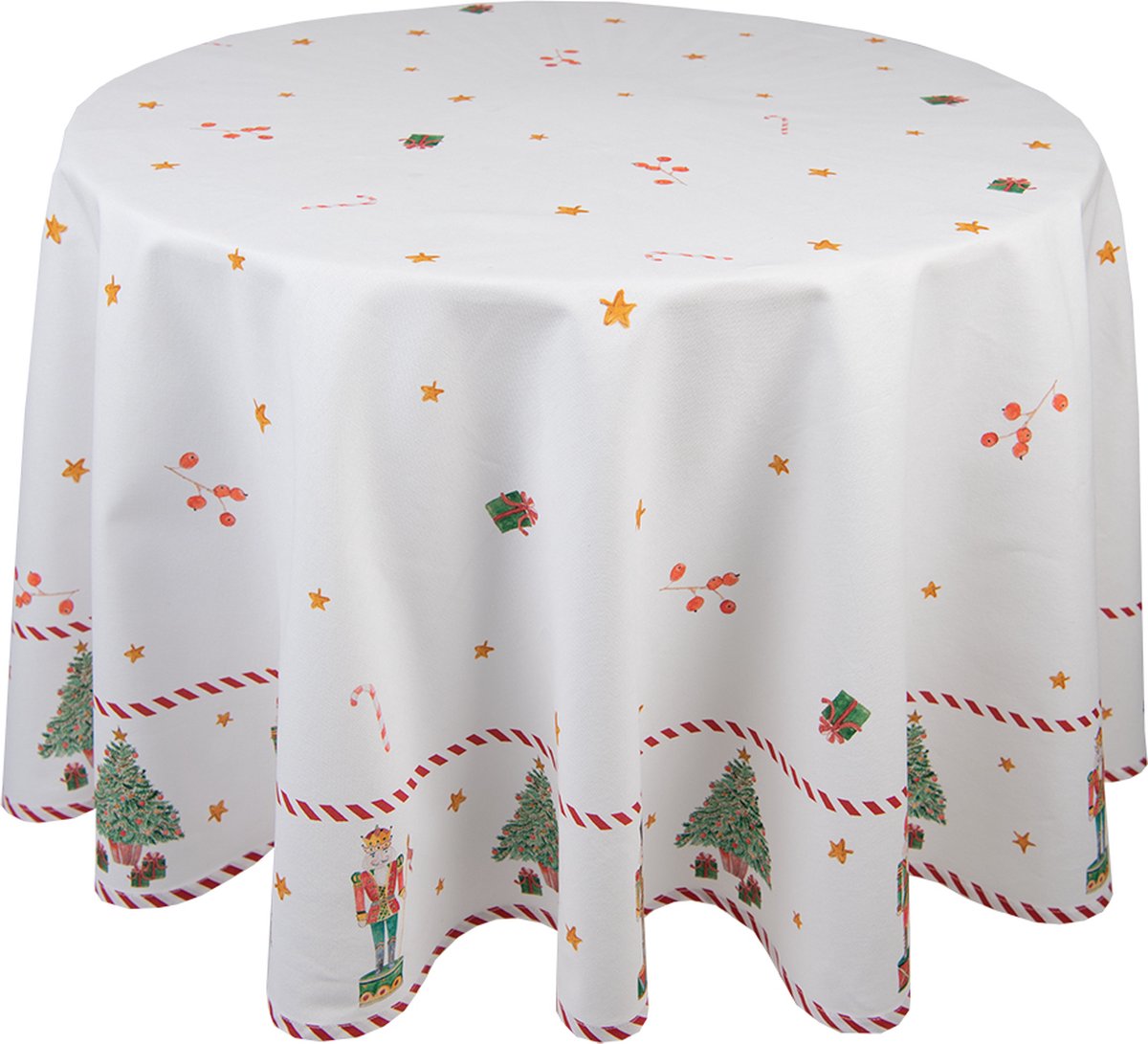 Clayre & Eef Tafelkleed Kerst Ø 170 cm Wit Groen Katoen Rond Notenkrakers Tafellaken