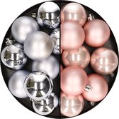 24x stuks kunststof kerstballen mix van zilver en lichtroze 6 cm - Kerstversiering