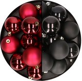 24x stuks kunststof kerstballen mix van donkerrood en zwart 6 cm - Kerstversiering