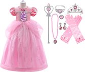 Prinsessenjurk meisje - Roze - 104/110 + Tiara / Toverstaf + Juwelen + Handschoenen