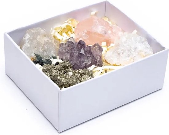 Une boîte cadeau blanche remplie de 5 cristaux bruts : un quartz rose rose pâle, un amas d'améthyste violet, un quartz clair et deux pierres aux teintes dorées et grises.