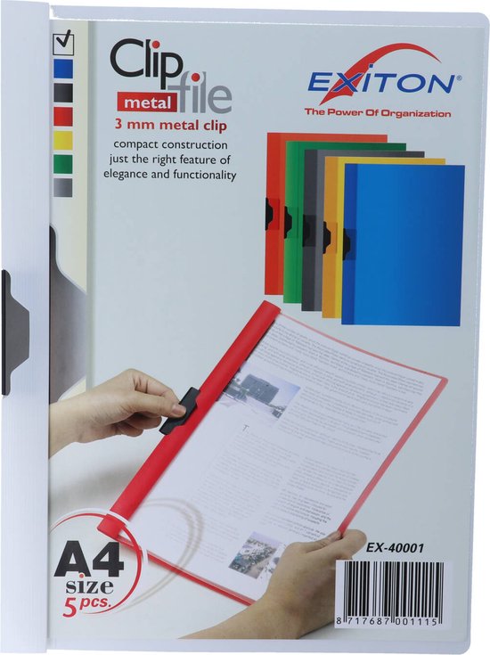 Een witte klemmap met transparant voorblad met de tekst "Clip file metal" en "A4 size 5 pcs."