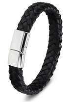 Armband Heren - Gevlochten Leer - RVS Sluiting - 21 cm - Zwart en Zilverkleurig