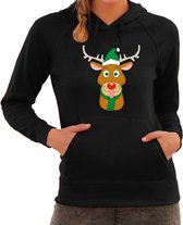 Rudolf met Kerstmuts foute Kerst hoodie / hooded sweater - zwart - dames - Kerstkleding / Kerst outfit L