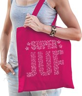 Glitter Super Juf katoenen tas roze met steentjes/ rhinestones voor dames - Lerares cadeau / verjaardag tassen - kado /  tasje / shopper