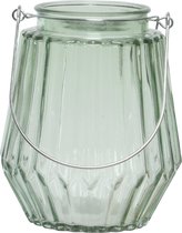 Theelichthouders/waxinelichthouders streepjes glas mistgroen met metalen handvat 11 x 13 cm - Windlichtjes/kaarsenhouders