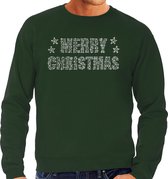 Glitter foute kersttrui groen Merry Christmas glitter steentjes/ rhinestones voor heren - Glitter kerstkleding/ outfit 2XL