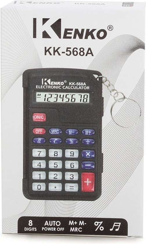 Kenko KK-568A elektronische rekenmachine op verpakking, met sleutelhanger