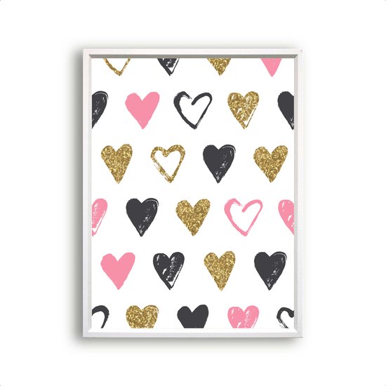 Poster Gouden en Roze Hartjes - Kinderkamer - Meisjeskamer - Valentijn Cadeau - 30x21cm / A4 - Postercity