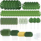 Fissaly® 72 Stuks Tropische Bladeren Decoratie met Lint – Kunst Blad – Verjaardag Jungle Versiering – Palm – Groen & Goud