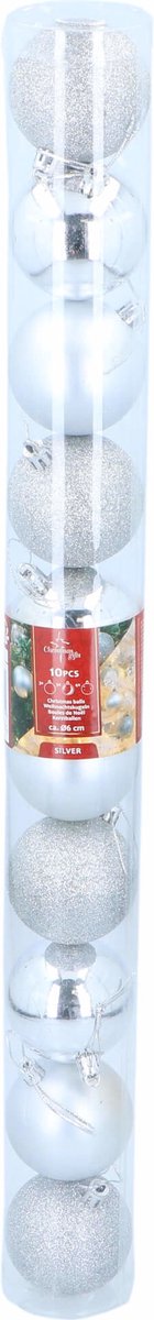 Christmas Gifts Kerstballen Set in Koker - Kunststof - Ø6 cm. - Zilver - 10 Stuks