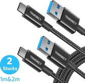 TRANSNECT - USB C Data-en Laadkabel  - 2 Stuks 2M en 1M - 3A Snellader Kabel  - Type C Naar USB A 3.0 - Gevlochten Nylon - Oplaadsnoer Telefoon - Laptop - Samsung Galaxy en Note S7