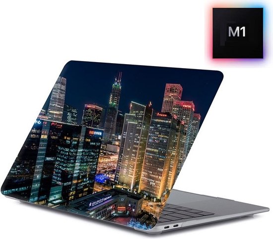 Housse MacBook Air avec un imprimé de paysage urbain nocturne avec des gratte-ciel illuminés.