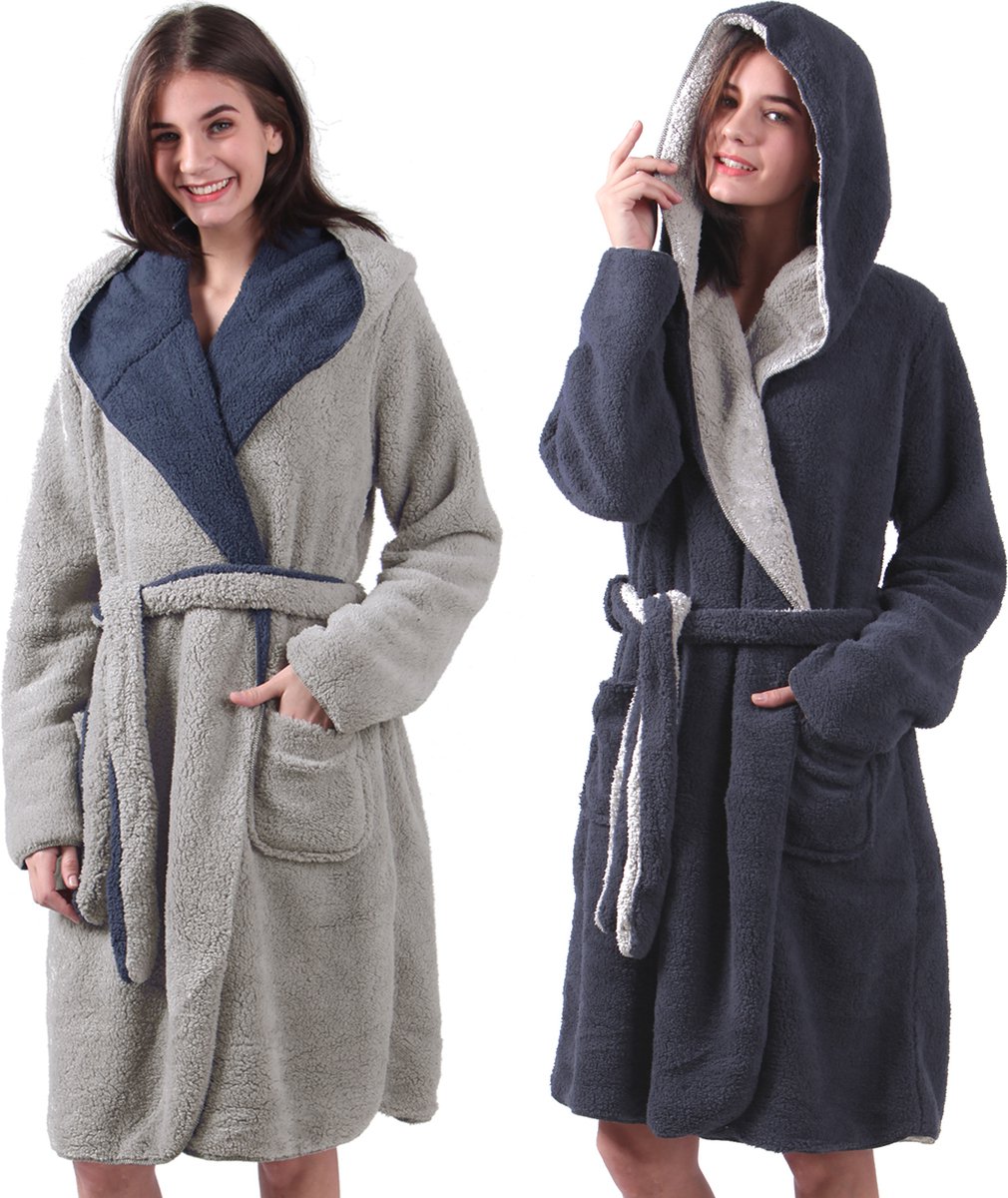 JEMIDI Sherpa omkeerbare badjas lamsvacht look voor dames en heren met capuchon kamerjas huisjas Blauw Maat M