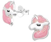 Joy|S - Zilveren eenhoorn oorbellen - 7 x 9 mm - glitter roze - unicorn