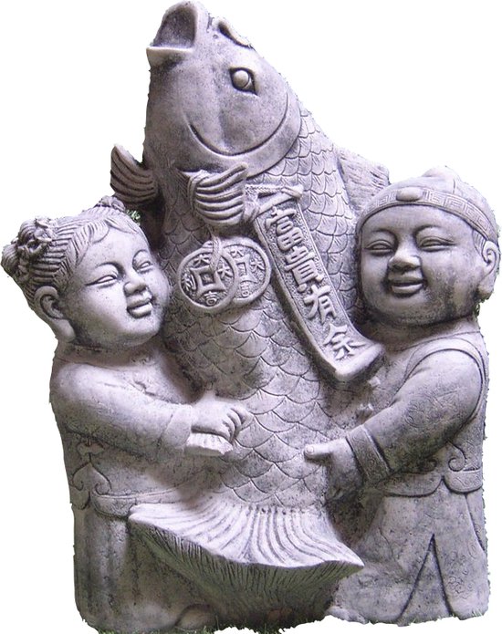 Statue de jardin Bouddha chinois avec Décoration koi pour intérieur / extérieur - Béton
