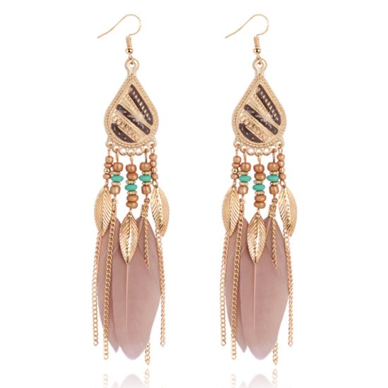 Boucles d'oreilles bohème avec plumes marron et perles 135 mm