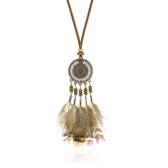 Dreamcatcher Boho ketting lang van touw met hanger kraaltjes en bruine veren