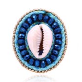 Handgemaakte verstelbare Ibiza ring blauw van leer met kristal en schelpje