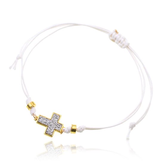 Bracelet de cheville en corde blanche avec perles dorées et croix