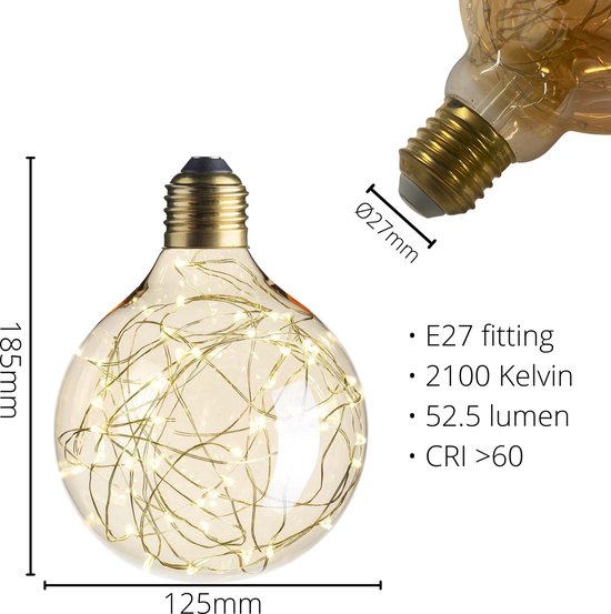 Brig deeltje Mortal Leddy's - LED Filament Lamp Bol G125 ø12,5 cm - Amber - 1,5W - E27 Grote  Fitting -... | bol.com