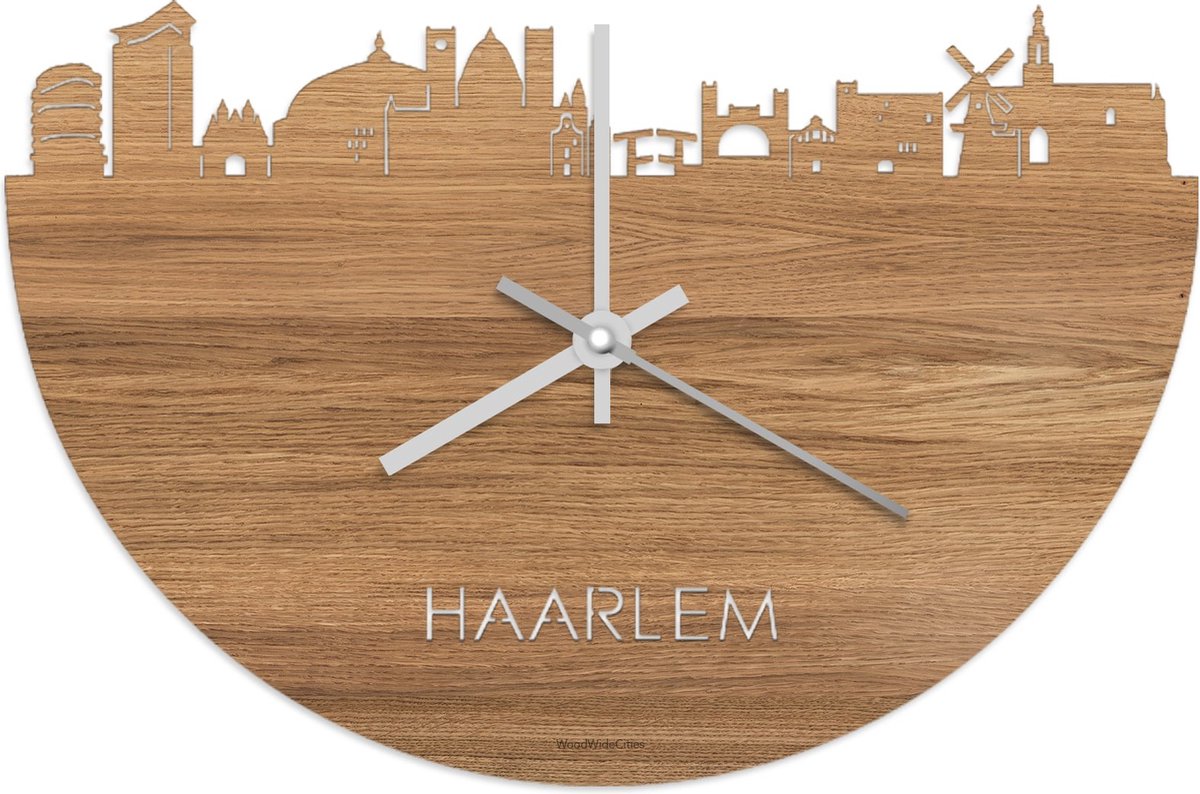 Skyline Klok Haarlem Eikenhout - Ø 40 cm - Stil uurwerk - Wanddecoratie - Meer steden beschikbaar - Woonkamer idee - Woondecoratie - City Art - Steden kunst - Cadeau voor hem - Cadeau voor haar - Jubileum - Trouwerij - Housewarming - WoodWideCities