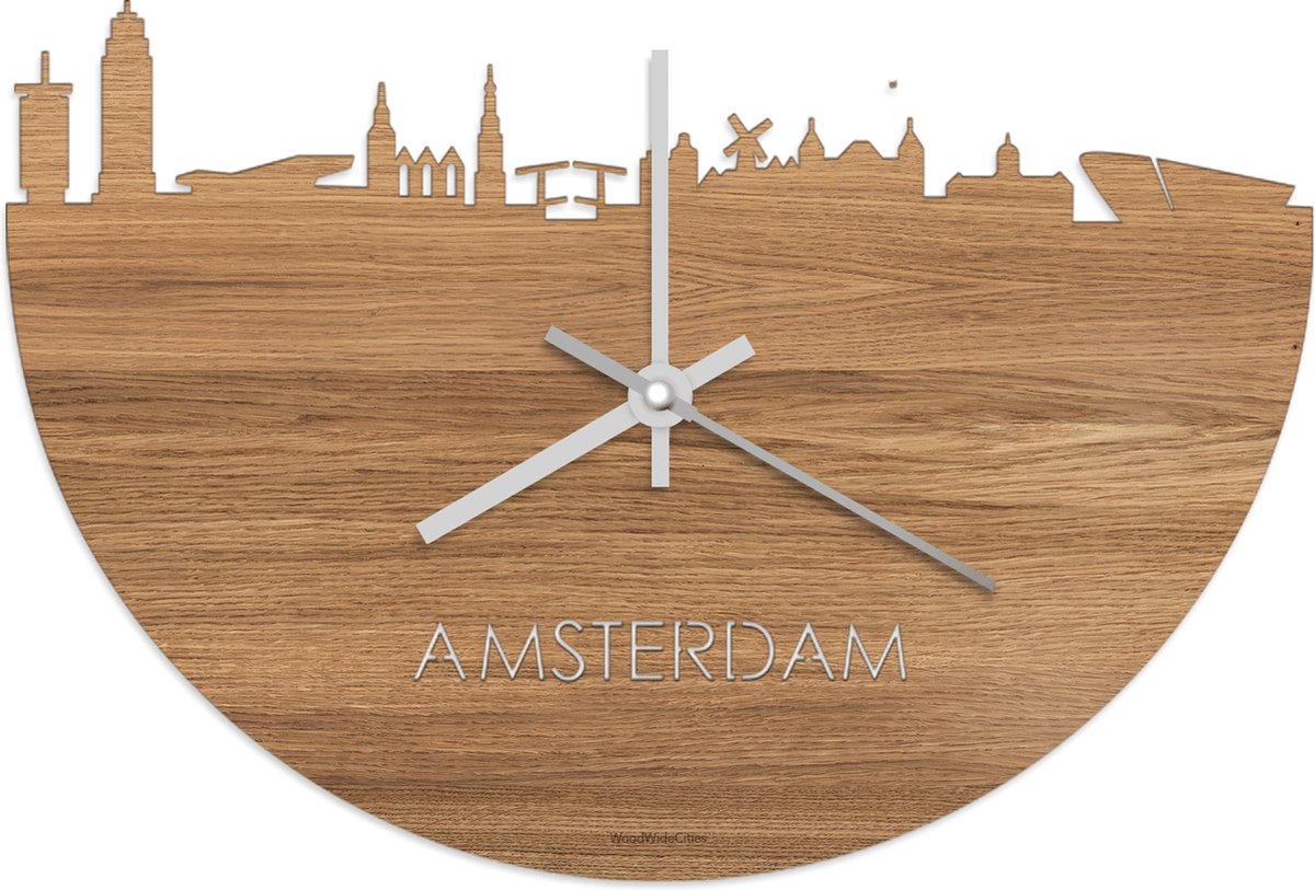 Skyline Klok Amsterdam Eikenhout - Ø 40 cm - Stil uurwerk - Wanddecoratie - Meer steden beschikbaar - Woonkamer idee - Woondecoratie - City Art - Steden kunst - Cadeau voor hem - Cadeau voor haar - Jubileum - Trouwerij - Housewarming - WoodWideCities