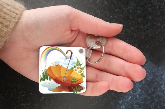 Porte-clés Rainbows illustration - Une illustration d'un parapluie orange sous un porte-clés arc-en-ciel en plastique - porte-clés carré avec photo