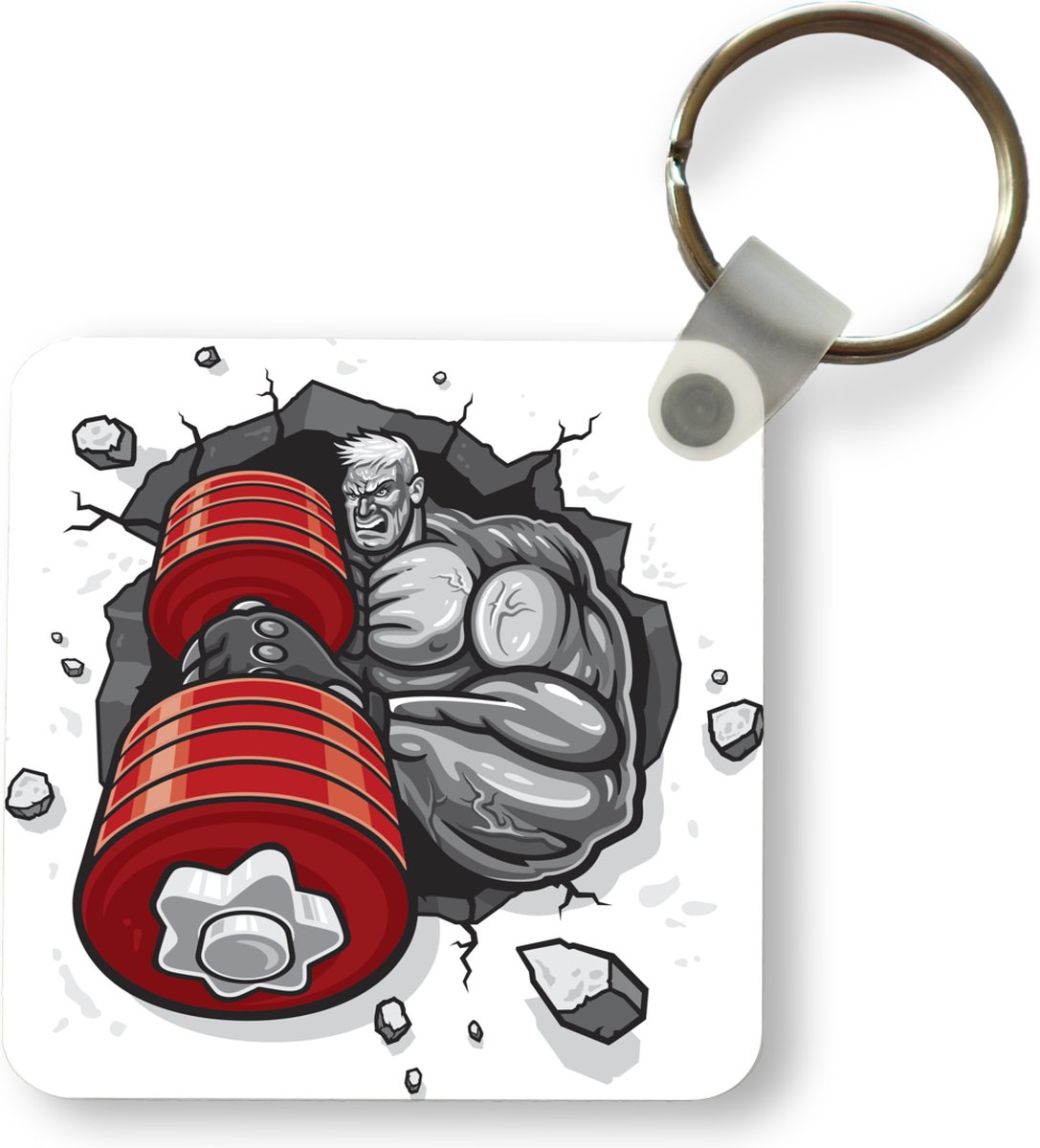 Sleutelhanger - Een illustratie van een bodybuilder met een rode halter - Plastic - Rond - Uitdeelcadeautjes