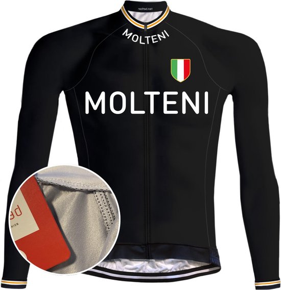 Zwart wielershirt met lange mouwen, Molteni logo op de borst en Italiaanse vlag badge.