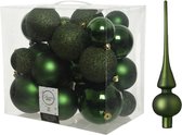 Kerstversiering kunststof kerstballen donkergroen 6-8-10 cm pakket van 27x stuks - Met mat glazen piek van 26 cm