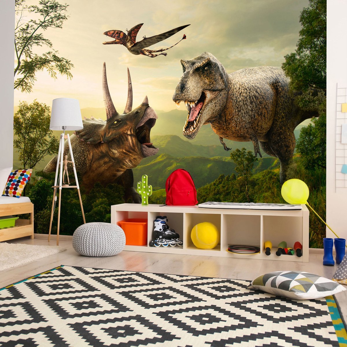 196cm X 140cm - Zelfklevend fotobehang - Dinosaurus in het bos, groen/bruin, 8 maten, Premium Print, geen lijm nodig, instructie bijgesloten, water- en UV bestendig