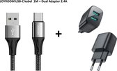 Sterke USB-C naar USB kabel + Dual USB Adapter - 1 Meter - Zwart - Braided - data & oplaadkabel - Samsung/ Huawei/ Oppo/ Xiaomi USB-C kabel - Stevige USB kabel