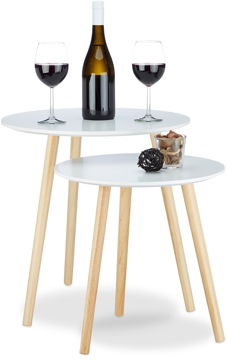 Relaxdays salontafel - set van 2 - rond - klein - retro - Ø 39 en 47,5 cm - woonkamer wit