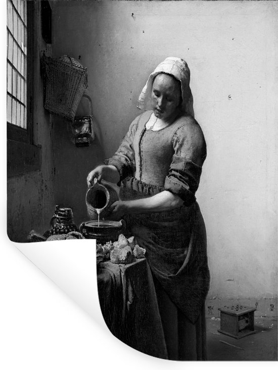 Muurstickers - Sticker Folie - Het melkmeisje - Schilderij van Johannes Vermeer - zwart wit - 120x160 cm - Plakfolie - Muurstickers Kinderkamer - Zelfklevend Behang XXL - Zelfklevend behangpapier - Stickerfolie