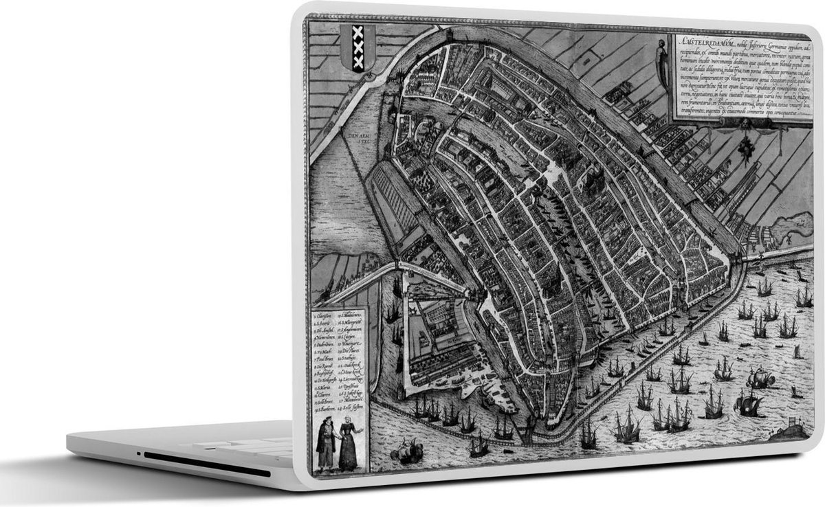 Laptop sticker - 14 inch - Historische stadskaart van het beroemde Amsterdam - zwart wit - 32x5x23x5cm - Laptopstickers - Laptop skin - Cover